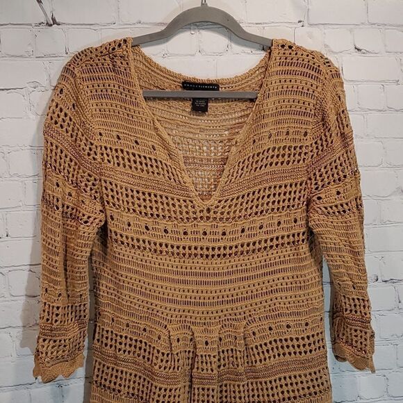 Grace Elements brown crocheted knit v neck sweater - Picture 2 of 8